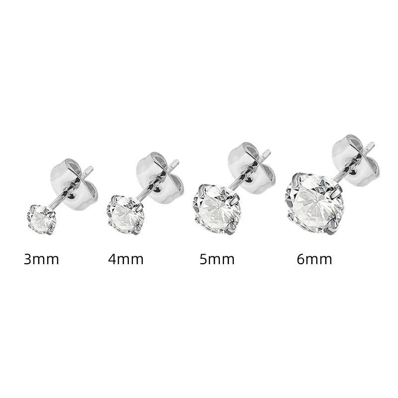 Titanium steel geometric zircon stud earrings in stainless steel with hypoallergenic properties and 2-8mm size options.