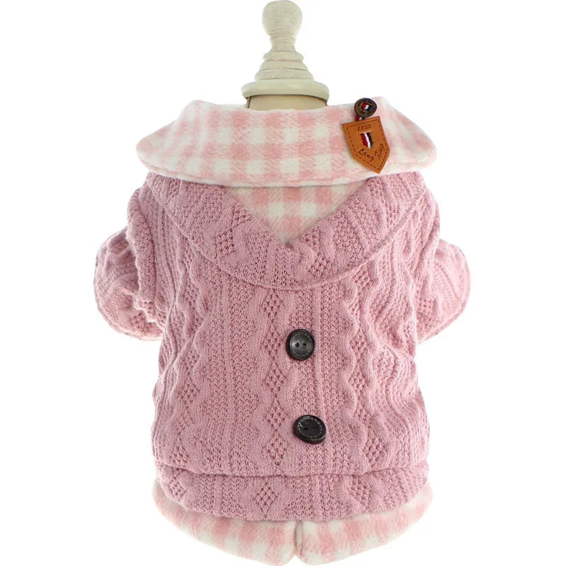 Blue or pink wool plaid pattern dog sweater with fleece lining and fake two-piece design