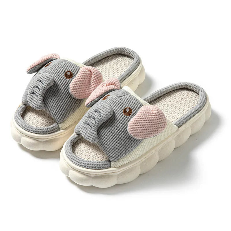Elephant grey animal print linen open toe slippers for couples on PVC soles