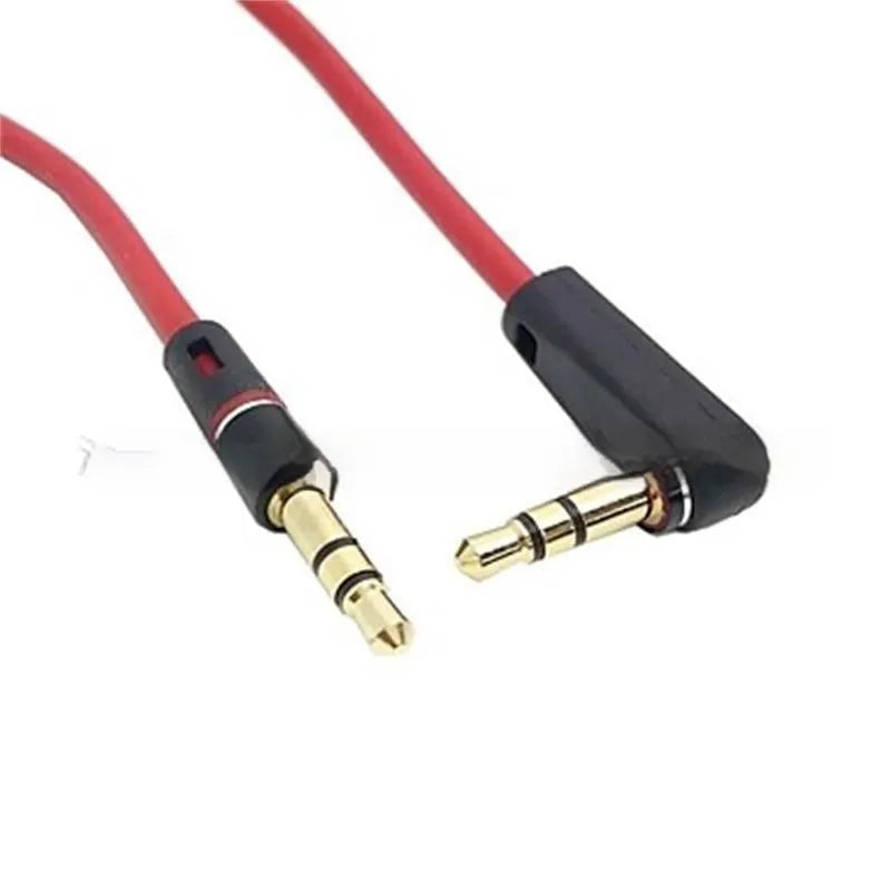 Red 35mm audio cable with elbow male-to-male connectors, 1m length, gold-plated plugs and bare copper wire.