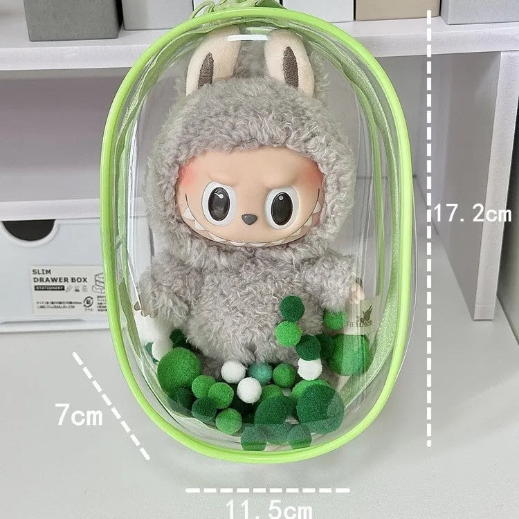 Transparent PVC cube storage bag with keychain in avocado green colour, 17cm size, containing postcards