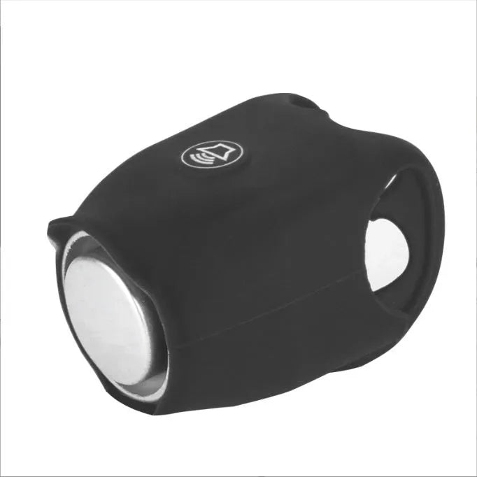 Electronic bicycle horn in multiple colours showing compact plastic design for handlebar mounting.