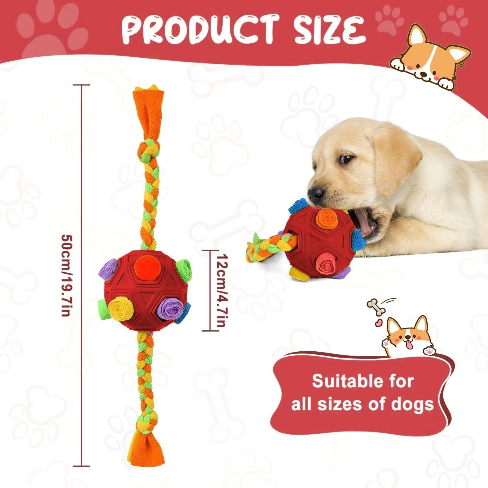 Bite resistant pet sniffing ball dog puzzle toy in assorted colours for treat dispensing and IQ training.