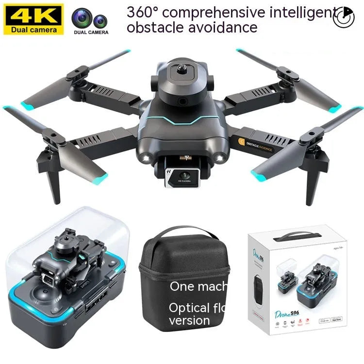 Black DJI S96 quadcopter drone with four propellers and integrated camera on compact plastic airframe
