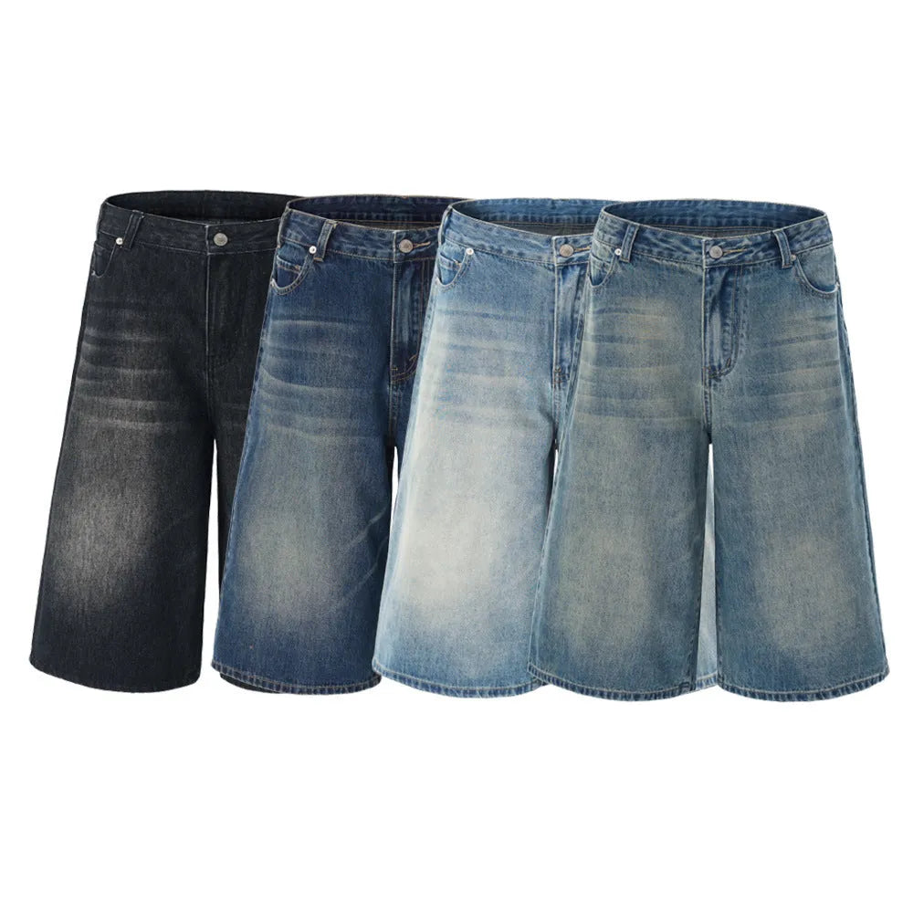 Men's cropped denim shorts in light blue with straight-leg design and five-pocket configuration
