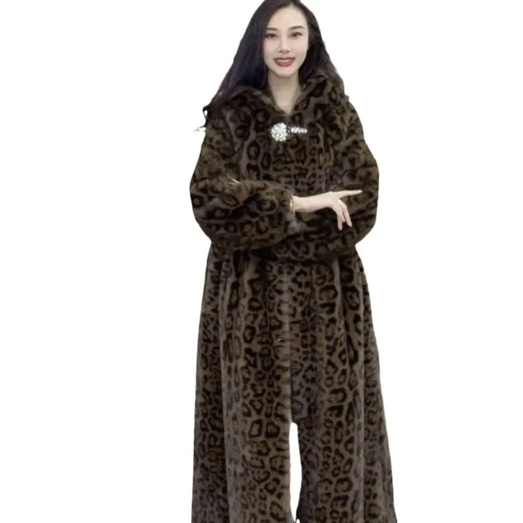 Loose plus size long leopard print faux fur coat in brown leopard print, showing 100cm length and regular sleeves.