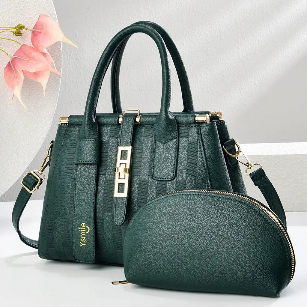 A round black PU crossbody shoulder handbag with a suitcase shape on a white background.