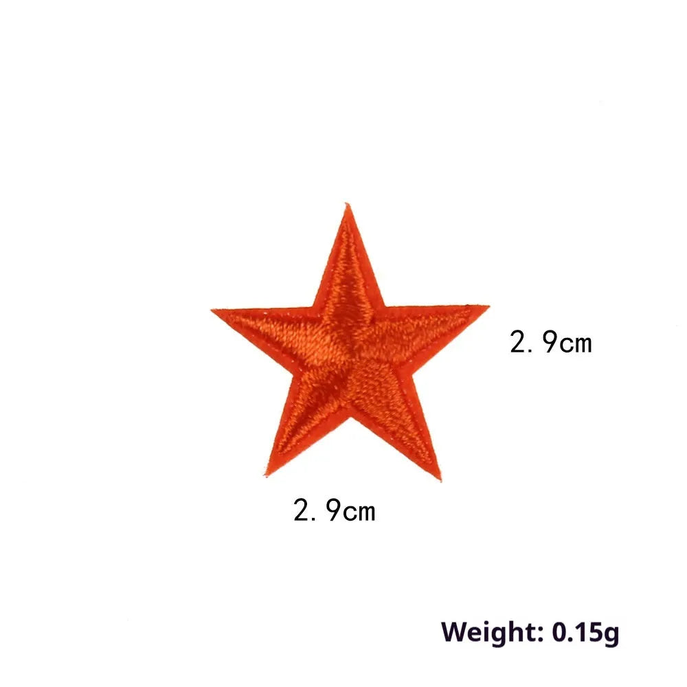 Embroidered five-pointed star cloth stickers in various colours including navy blue, silver gray, and golden yellow on white background