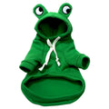 Green frog pattern hoodie on small dog showing four-legged design with hood