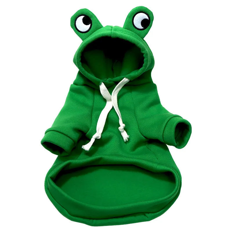Green frog pattern hoodie on small dog showing four-legged design with hood