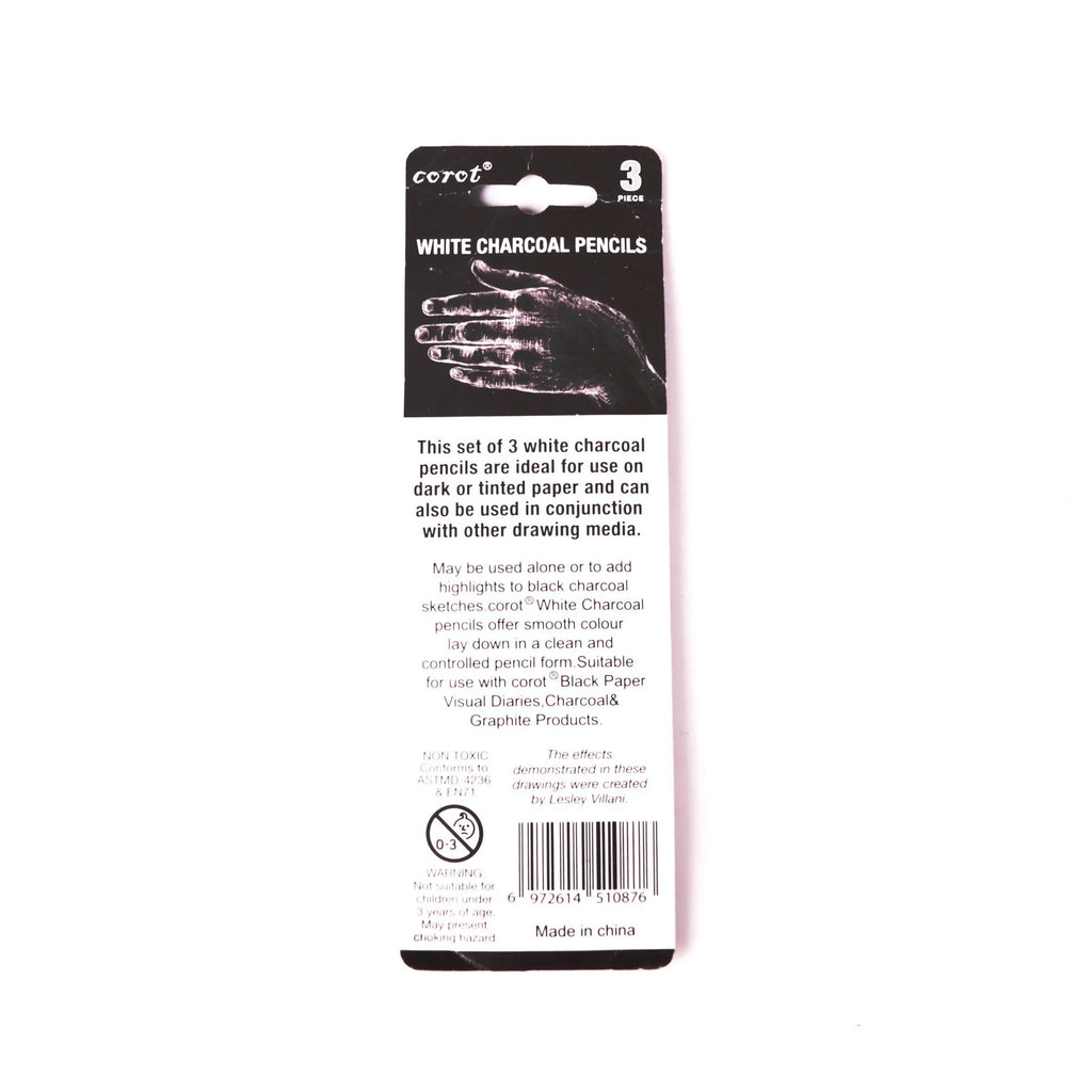 White charcoal pencil set with three wooden pencils and 144 refill leads for drawing on dark paper.