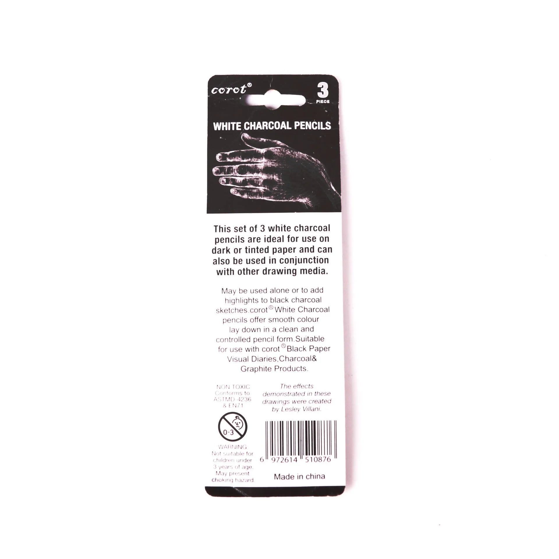 White charcoal pencil set with three wooden pencils and 144 refill leads for drawing on dark paper.