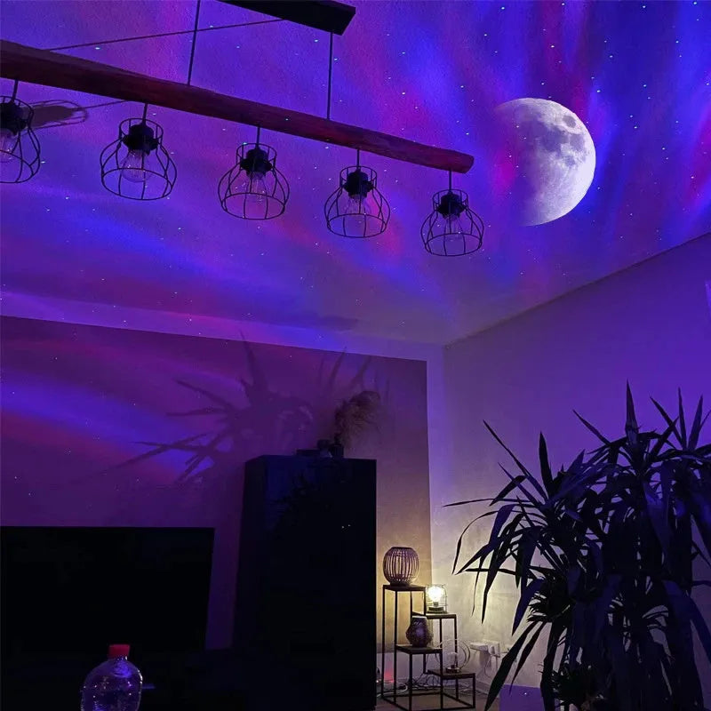 White starlight projector lamp projecting Northern Lights aurora and stars on wall with remote control