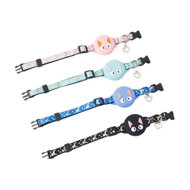 Adjustable AirTag cat collar with plastic protective case in black, blue, light green, and pink colours