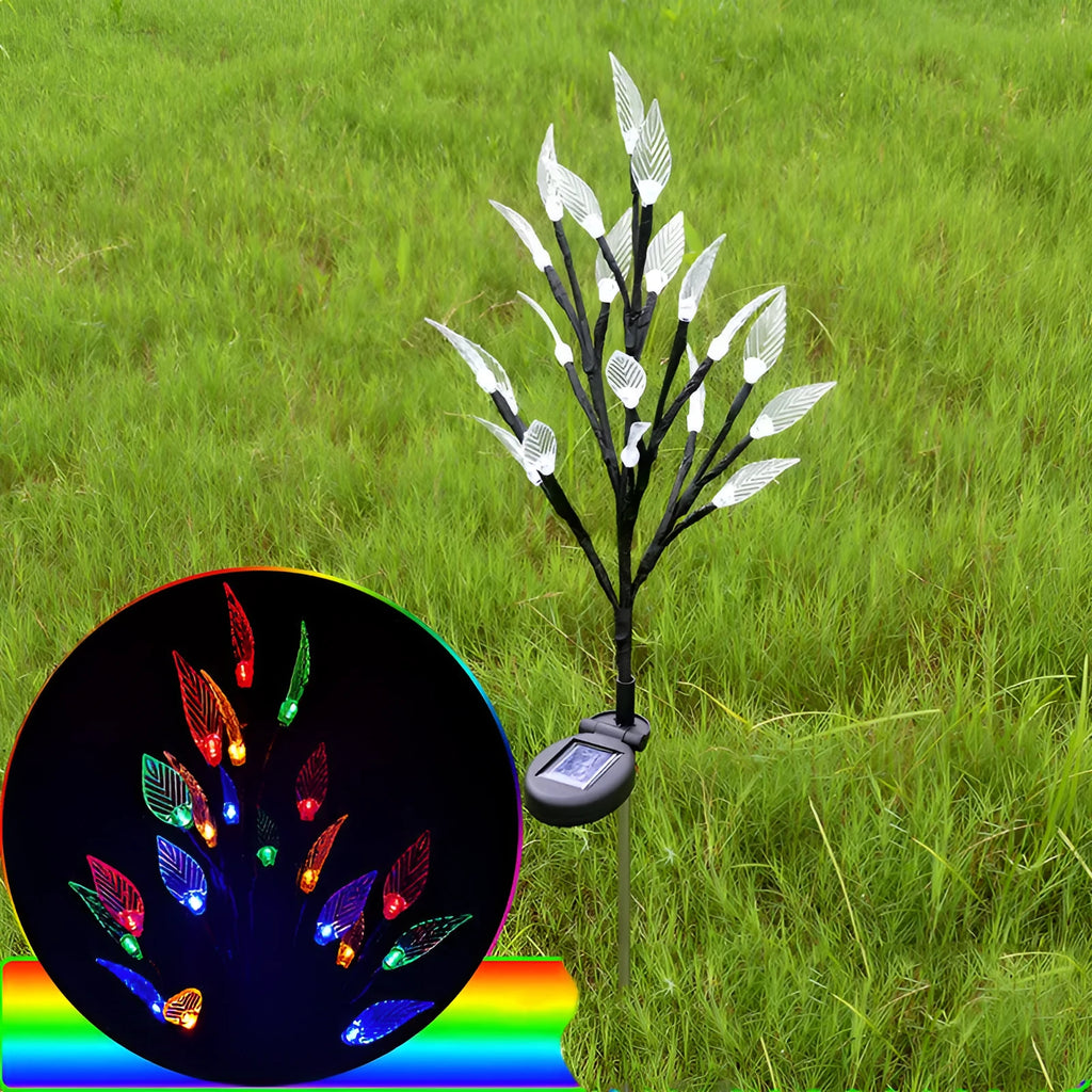 Set of three solar-powered leaf-shaped branch lights for garden decoration, 73cm long.