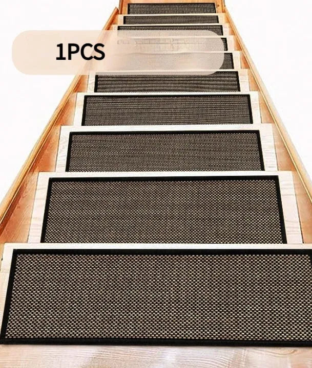 Japanese-style linen-look polyester stair mat measuring 20x76cm in a camel colour with a rubber sole.