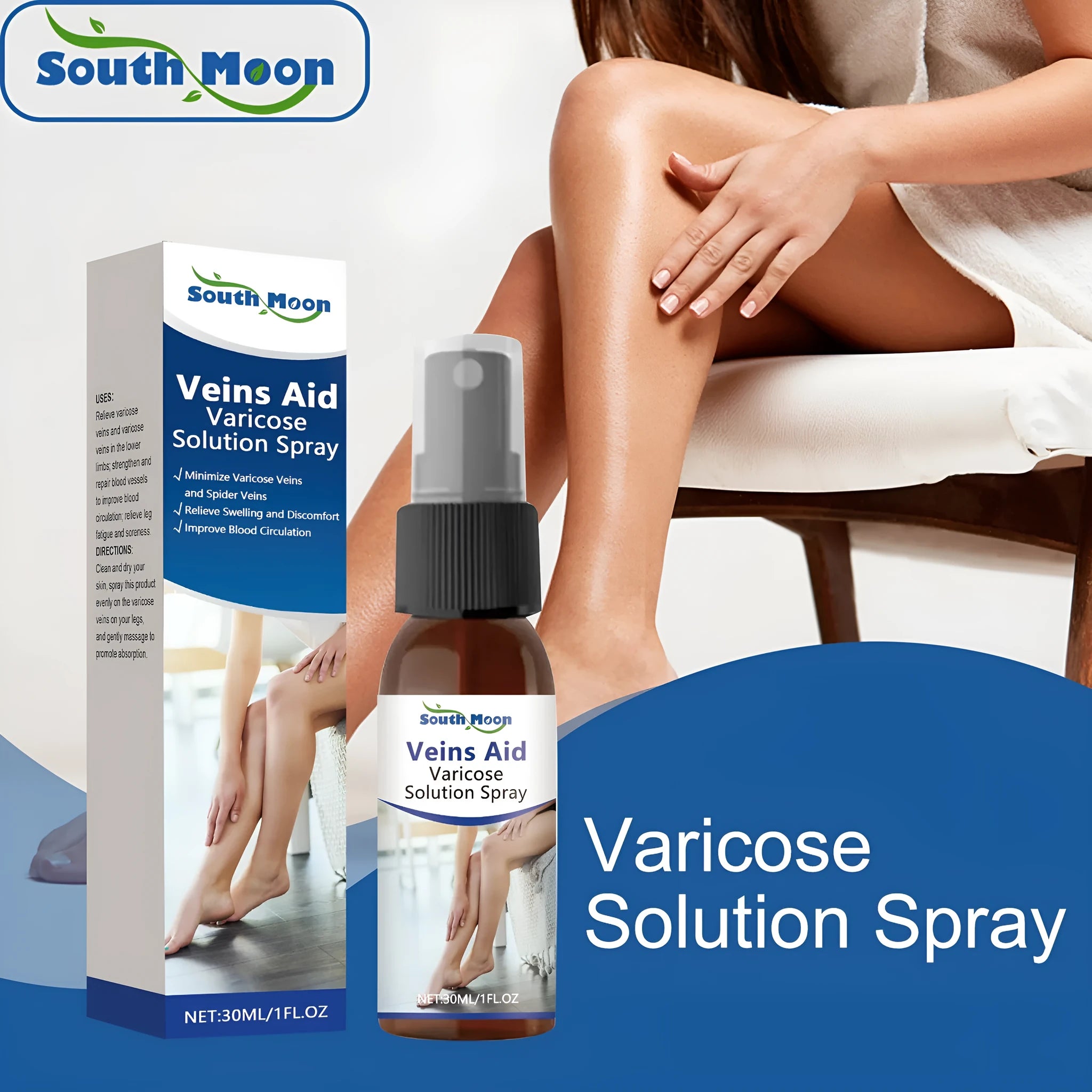 30ml bottle of leg care spray with menthol and ginger extract for massage