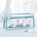Transparent double-layer pencil case showing two compartments with dimensions 220x110x80mm