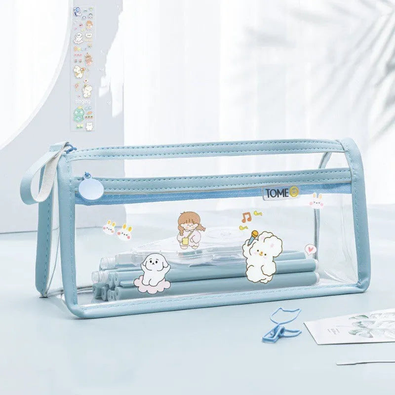 Transparent double-layer pencil case showing two compartments with dimensions 220x110x80mm