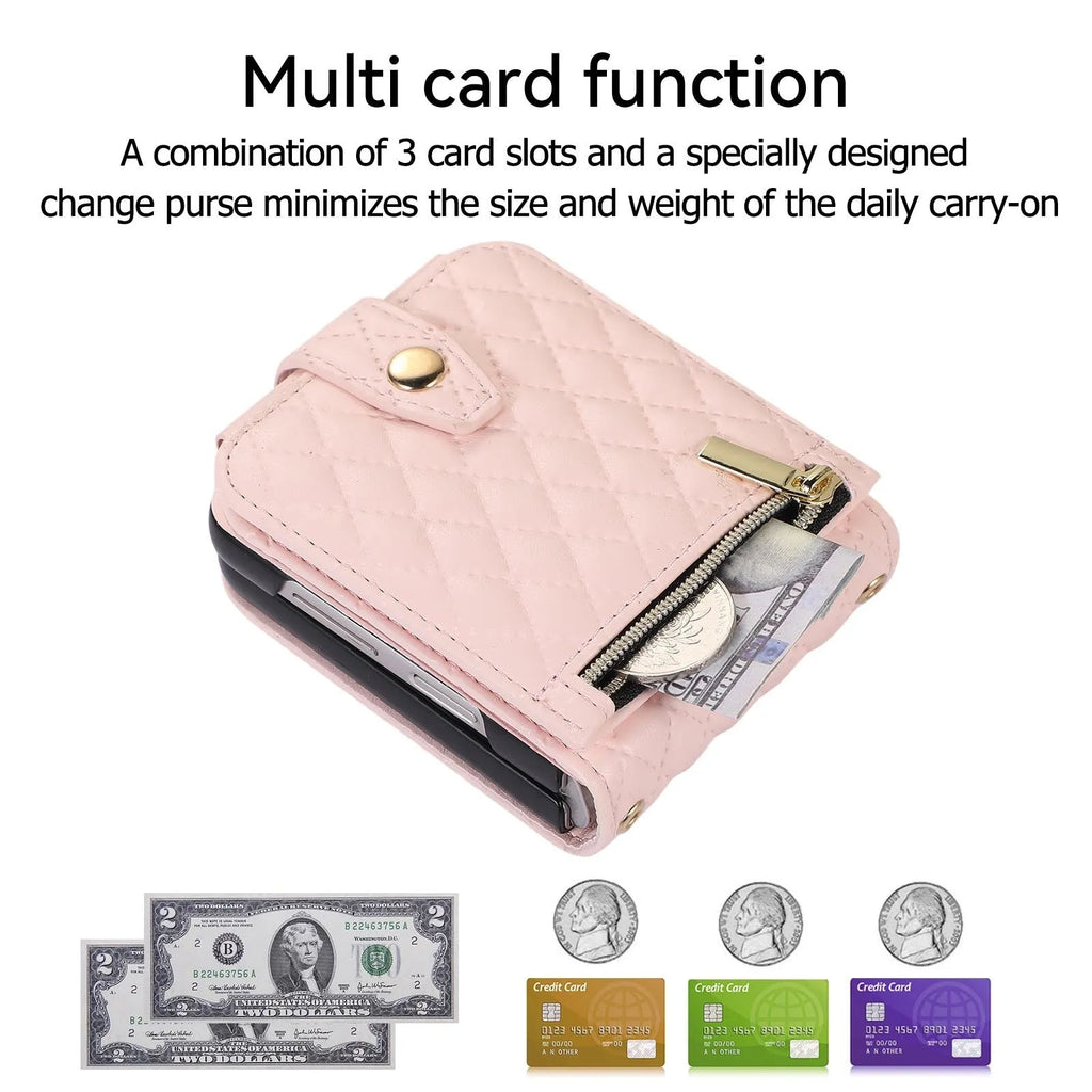 Crossbody PU leather phone case for Samsung Z Flip with card slot, zipper bag, and lanyard in black.
