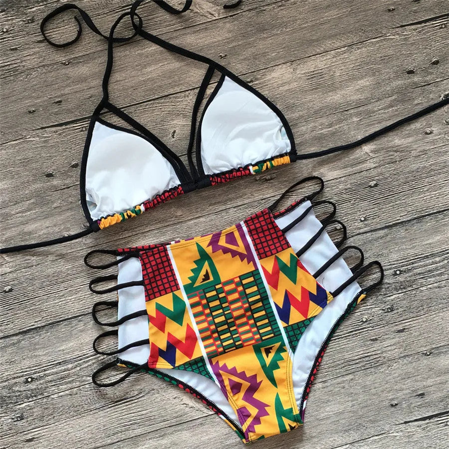 Women's split bikini swimsuit with digital printing, showing high-waist briefs and backless top design for swimming