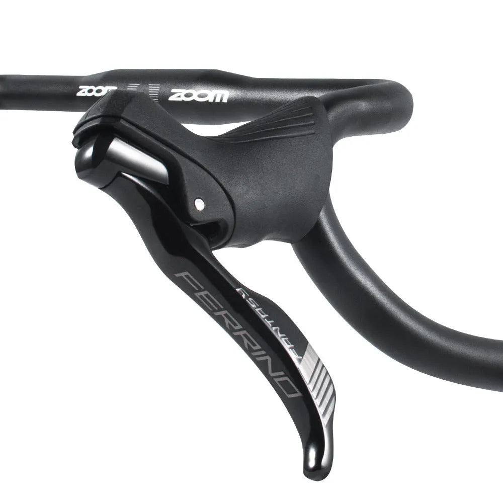 Black aluminium alloy road bike handlebar showing 420mm width and racing bend profile