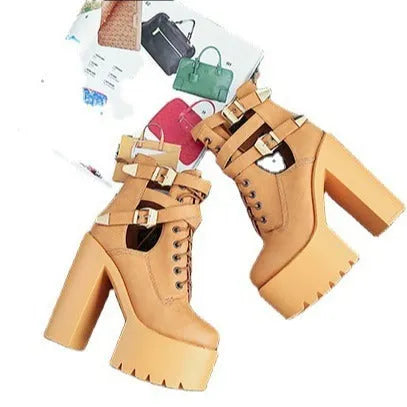 Women's chunky heel short boots with back zipper and lace-up detail, faux leather, white or black