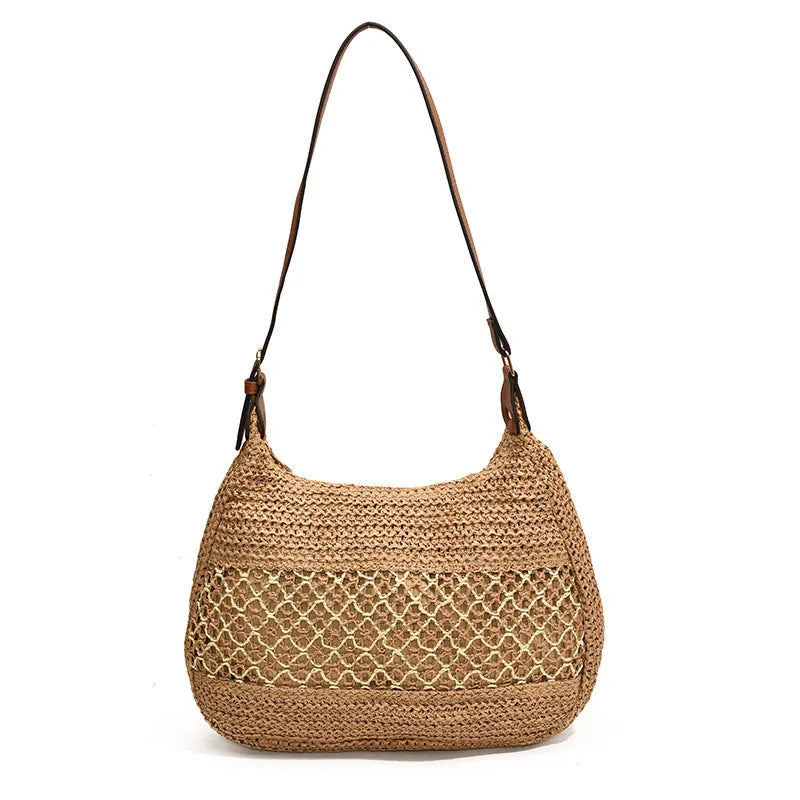 Women's casual straw cross body bag in khaki colour with a sandwich pocket and horizontal square shape.