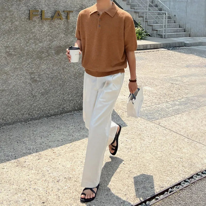 Men's simple retro knitted polo shirt with asymmetric design in caramel colour, short sleeves for summer