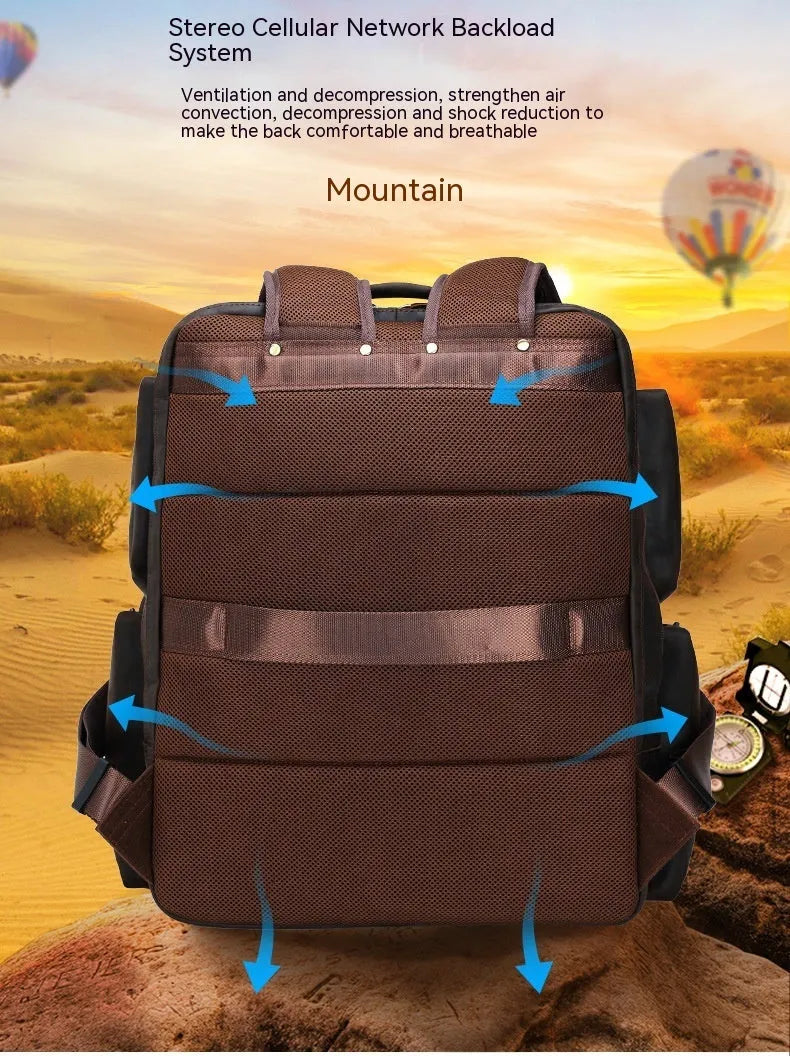 Dark brown genuine cowhide leather backpack with double shoulder straps and organisational compartments for 17-inch laptop