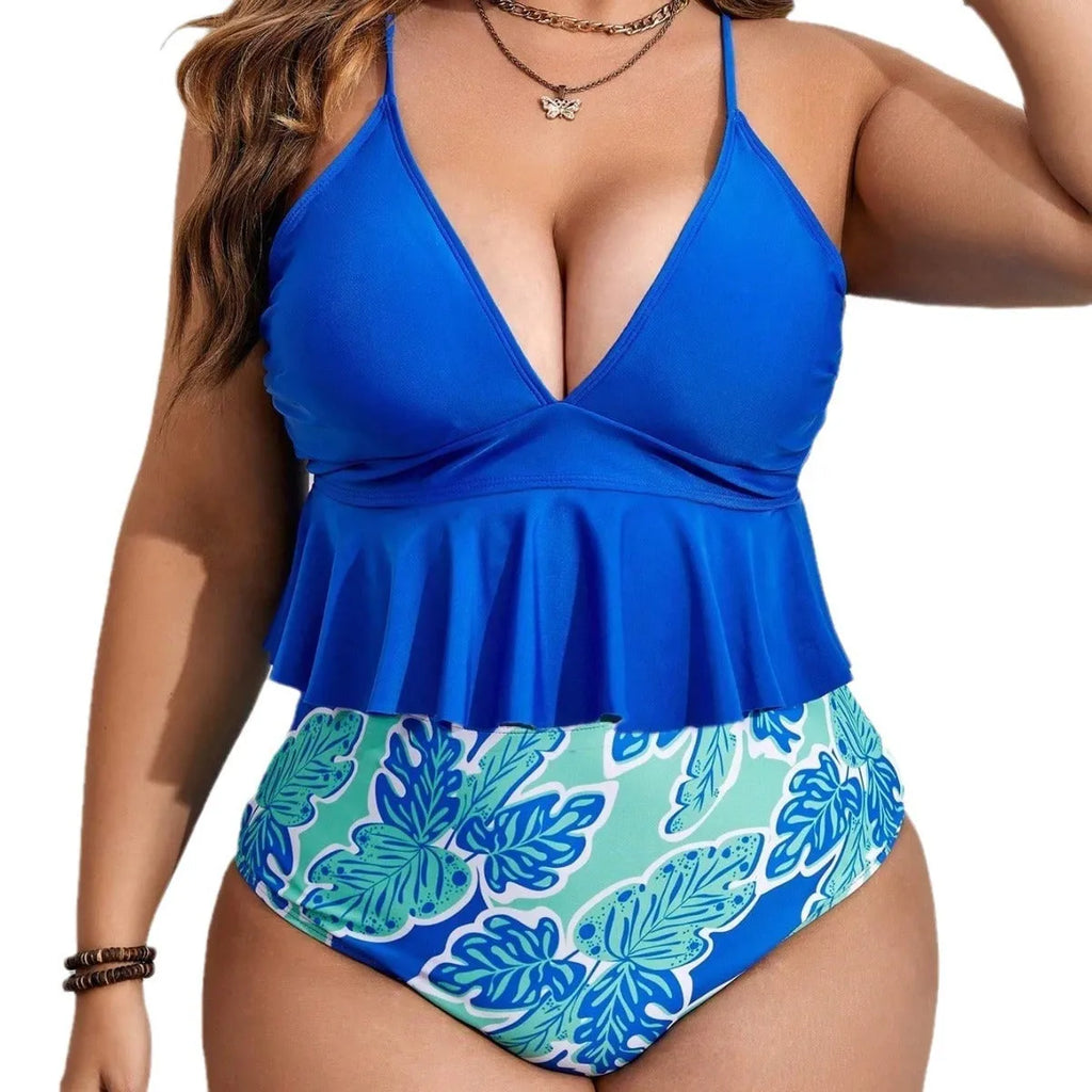 Blue bikini suit split with briefs style, sizes 0XL to 4XL, made from polyester fibre for swimwear.