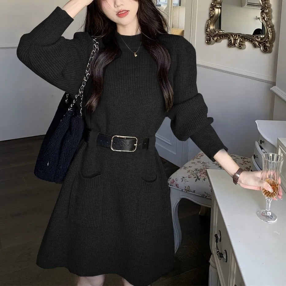 Women's long sleeve loose knitted dress with high waist and black belt in various colours