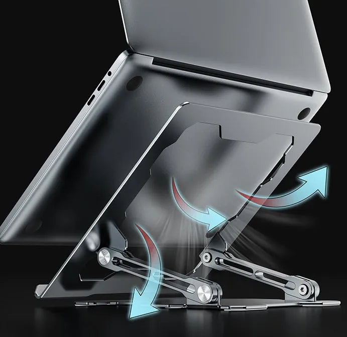 Grey aluminium alloy laptop stand folded flat with adjustable angle and silicone pads