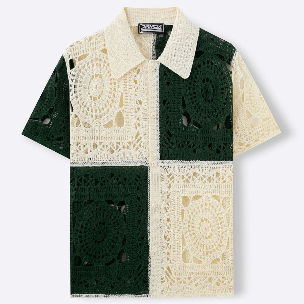 Men's beige colourblock short sleeve knitwear shirt with flocking detail showing front view
