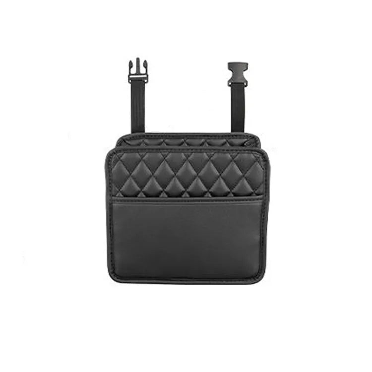 Black leather hanging car storage bag measuring 25x25x8cm attached to car headrest
