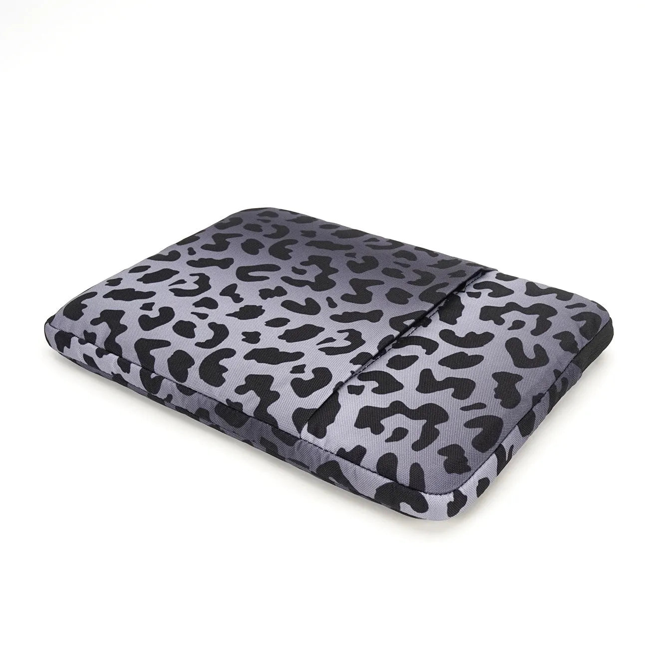 Leopard print laptop sleeve showing interior flannel lining, suitable for 13-inch to 16-inch devices with anti-shock protection