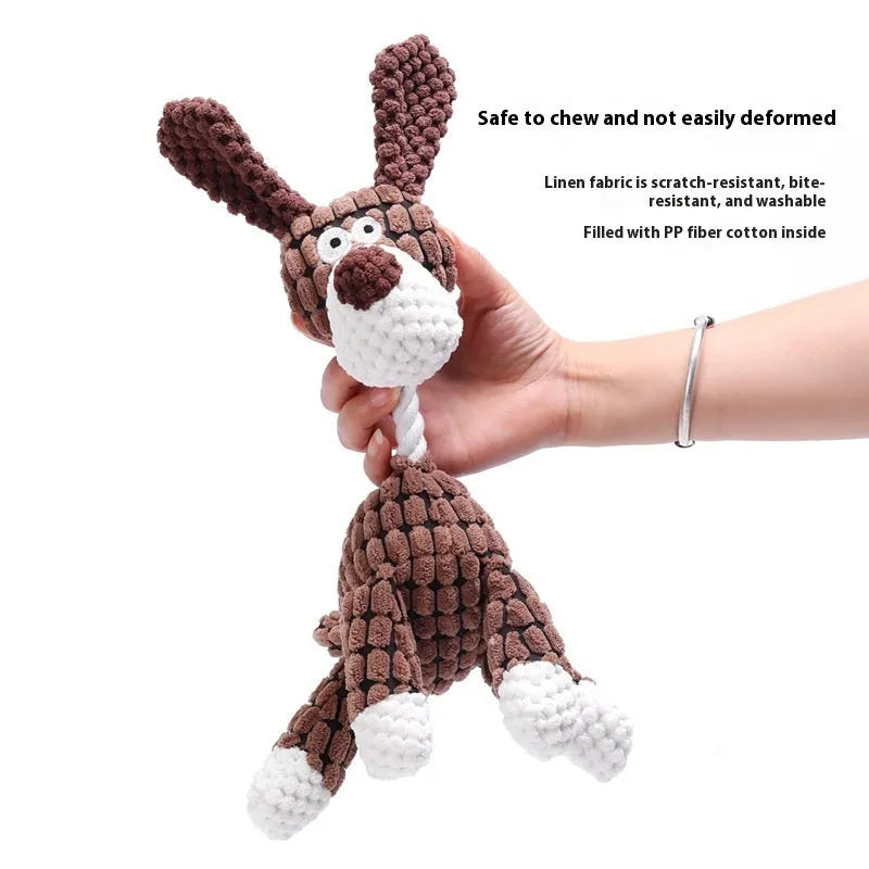 Plush puppy toy in animal designs like donkey, duck, and elephant with squeaker for teething relief