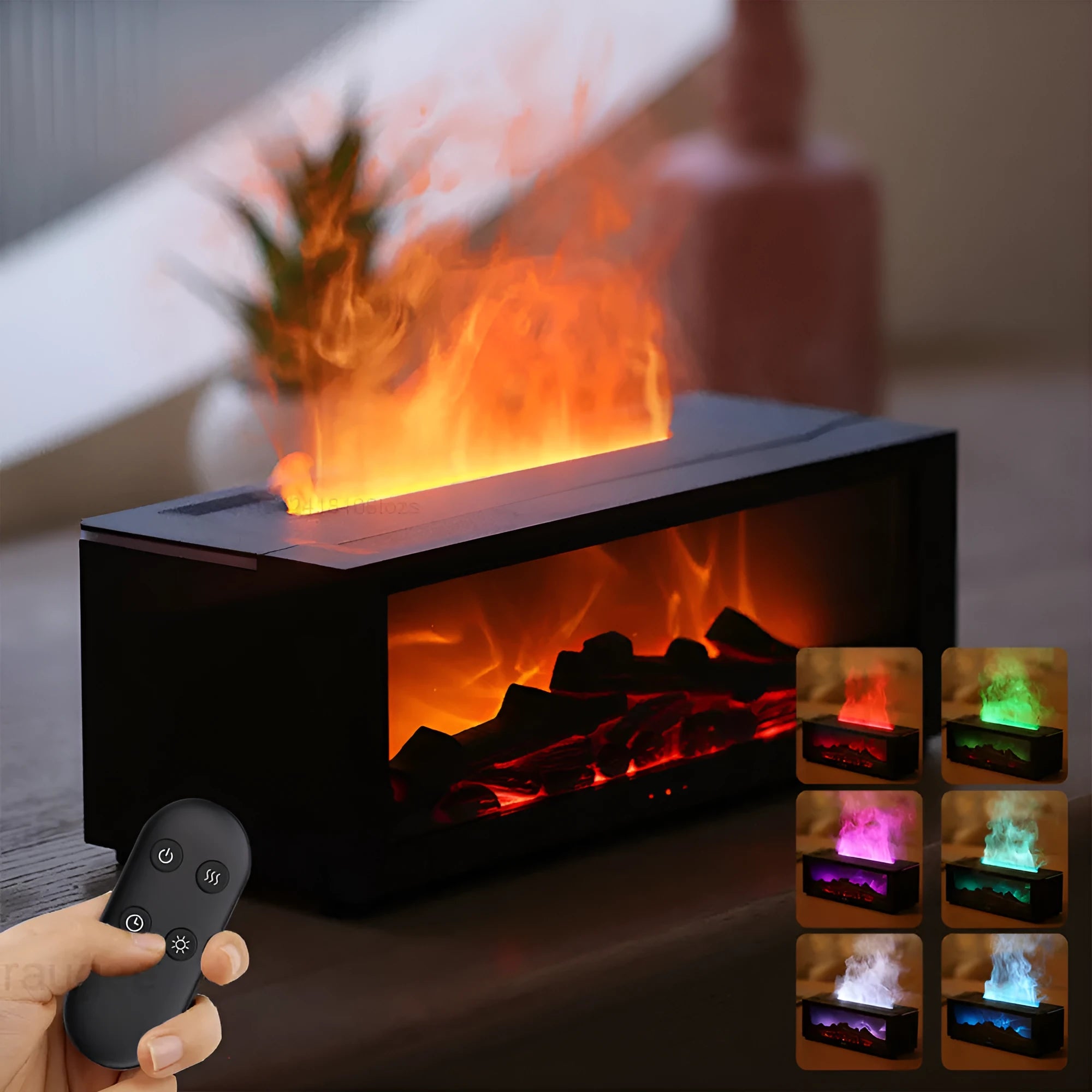 Square flame aromatherapy machine with LED lights creating 3D flame effect and essential oil diffusion