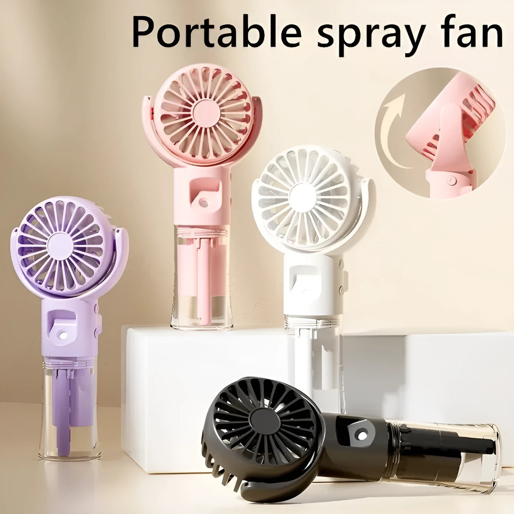 Handheld portable mist fan in various colours with transparent water tank and control button.
