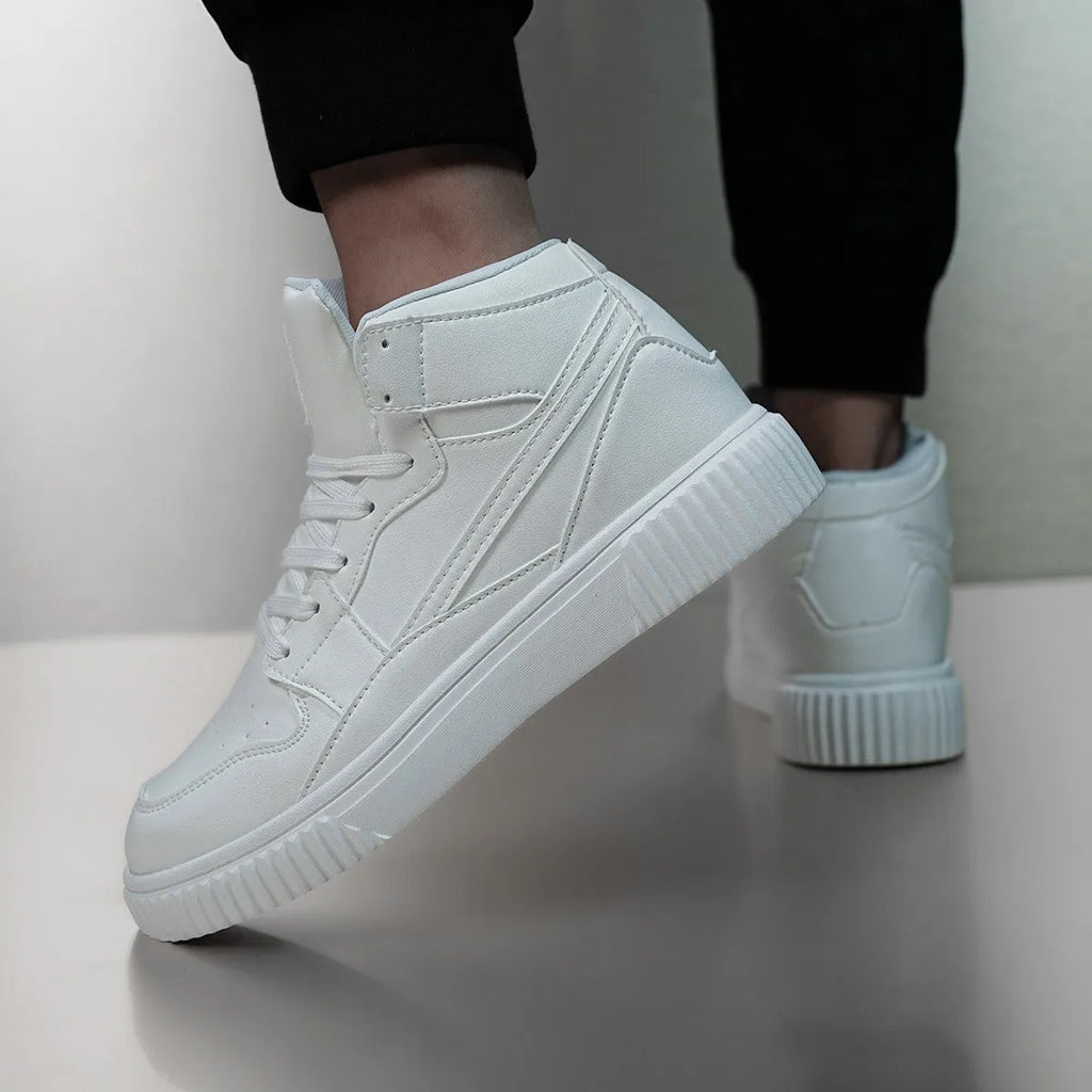 White men's casual shoes with round toe design and microfiber upper, shown from side view
