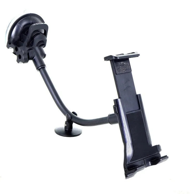 Black vehicle-mounted tablet holder with adjustable suction cup for 4-12 inch devices on car dashboard