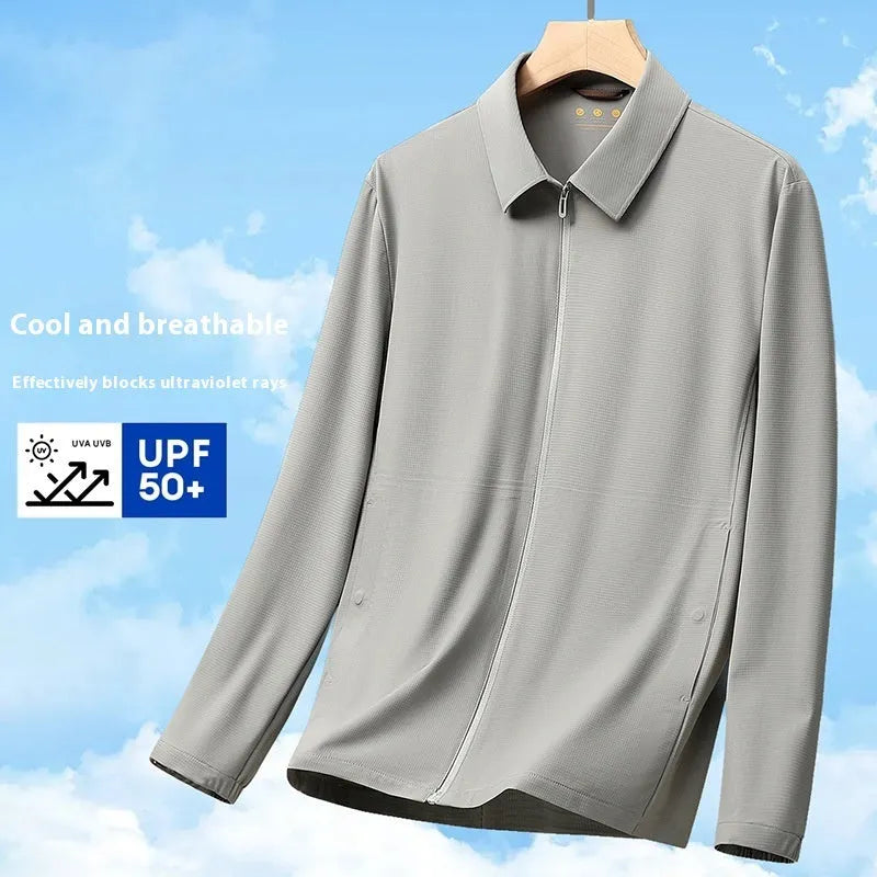 Men's navy blue business shirt with lapel collar and ice silk fabric for sun protection and work wear