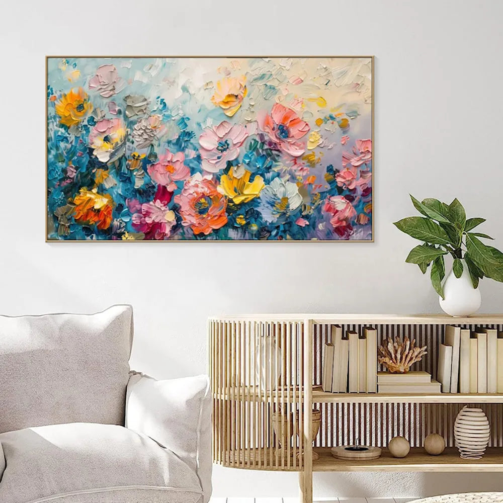 Handmade handpainted rose oil painting on canvas, large horizontal flower wall art without frame
