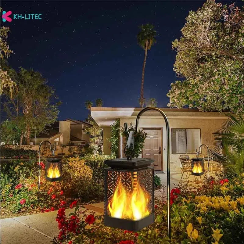 Black solar-powered garden torch light with flame-effect LED, 47cm length, waterproof IP44 rating for outdoor use