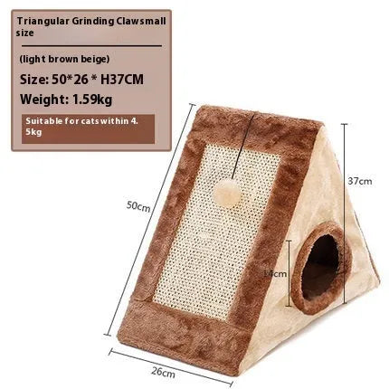 Triangle-shaped cat toy with sisal scratching surfaces and a soft plate fur bed, measuring 50cm tall