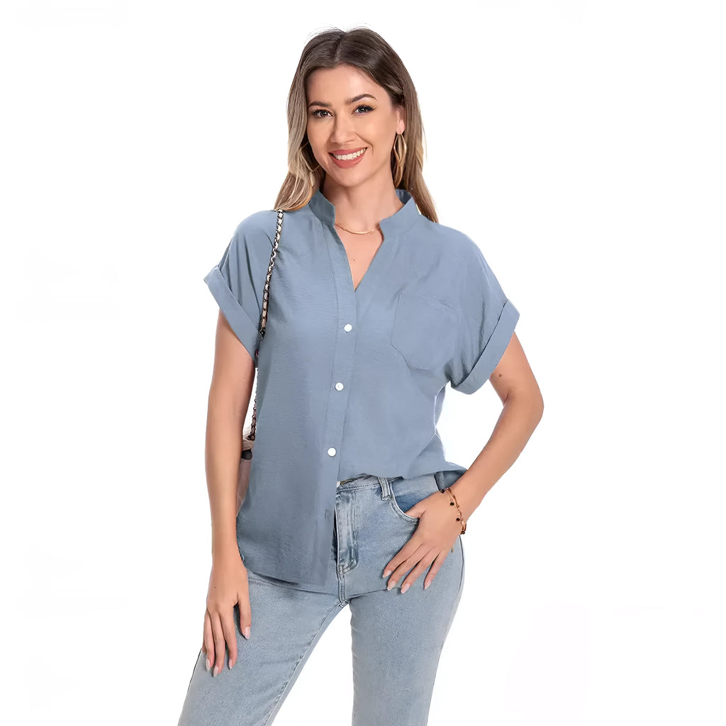 Women's stand collar button summer top in polyester fabric with loose fit
