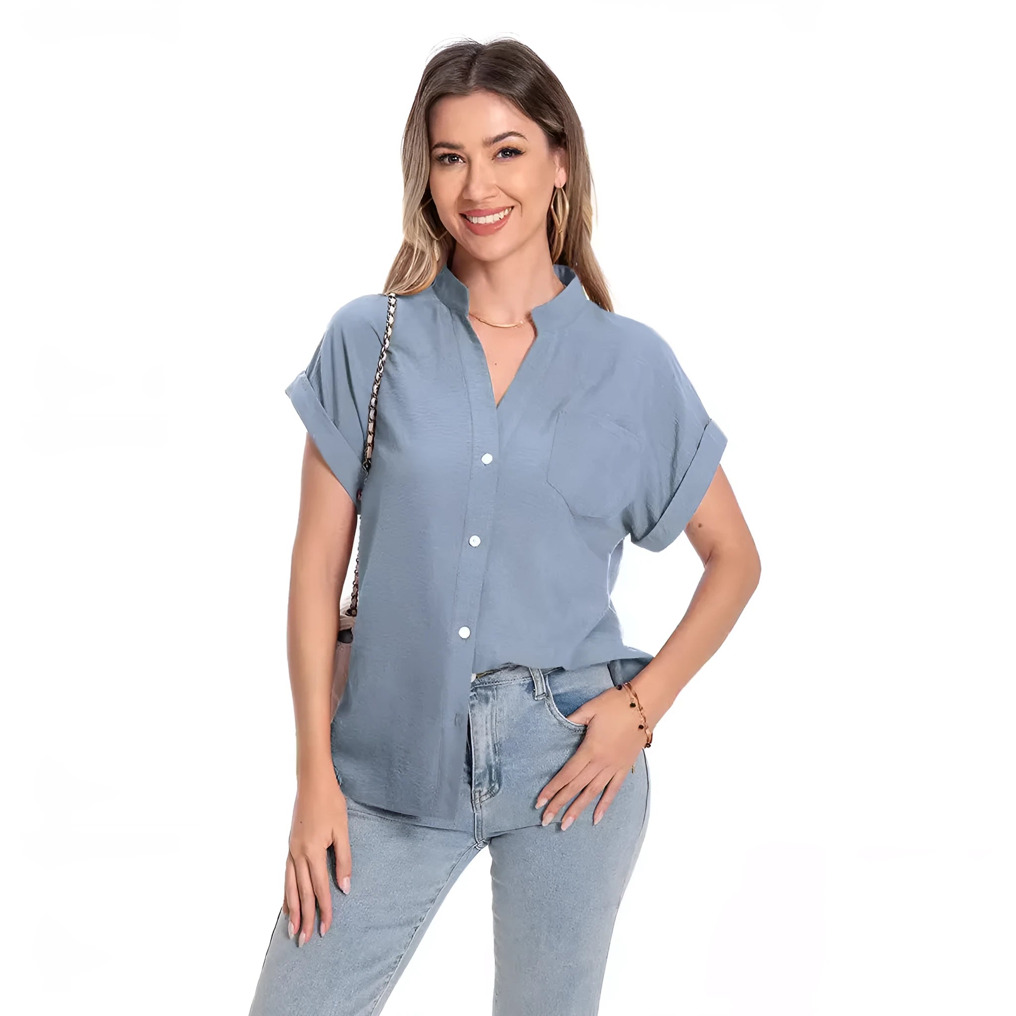 Women's stand collar button summer top in polyester fabric with loose fit