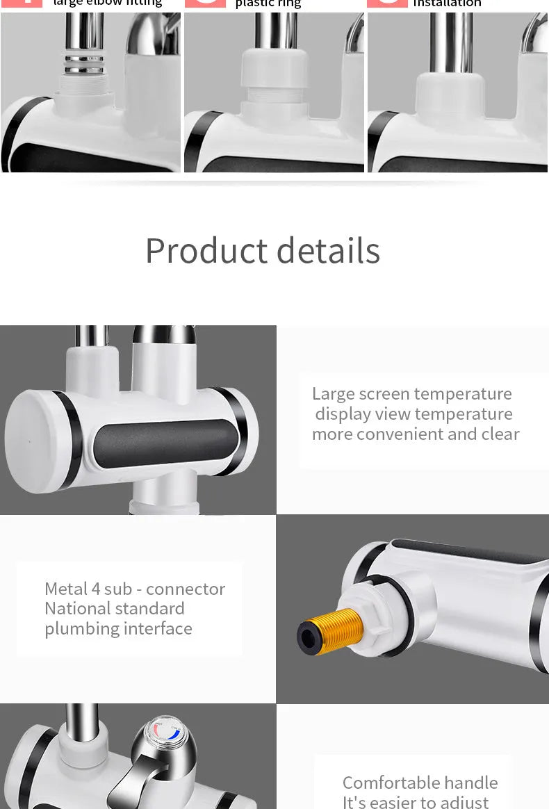 White kitchen electric water heater with digital temperature display, 3000W power, and 10L capacity