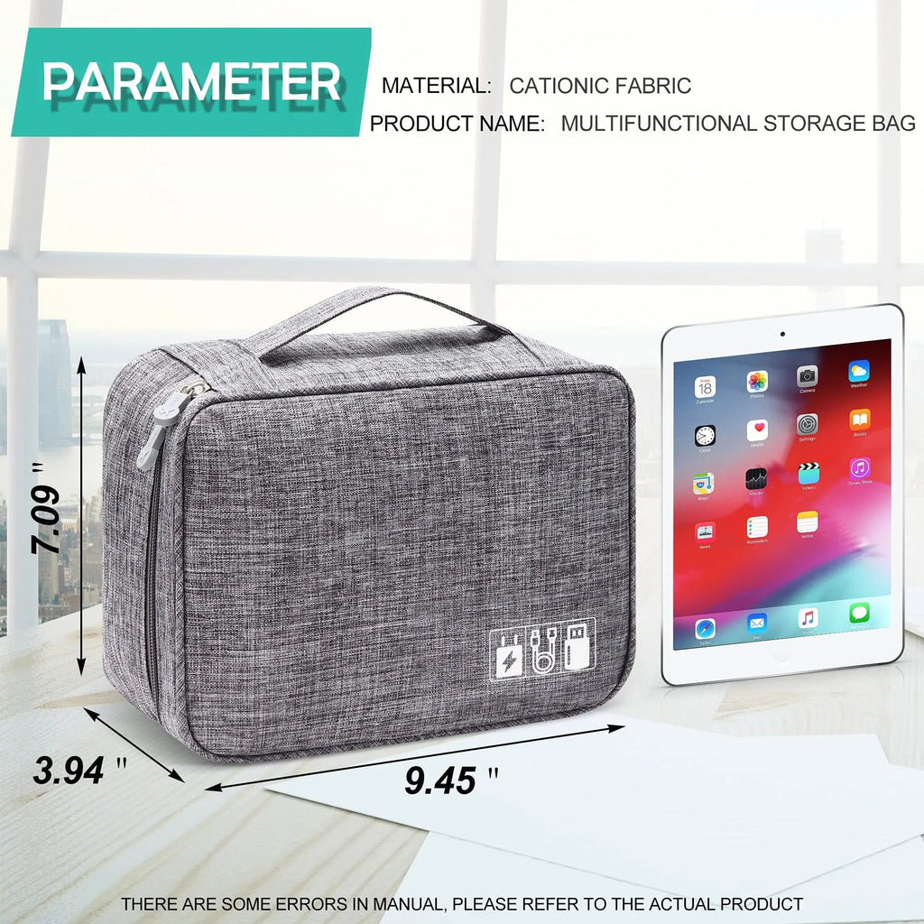 Black electronics organiser bag with mesh pockets and removable dividers for cable storage