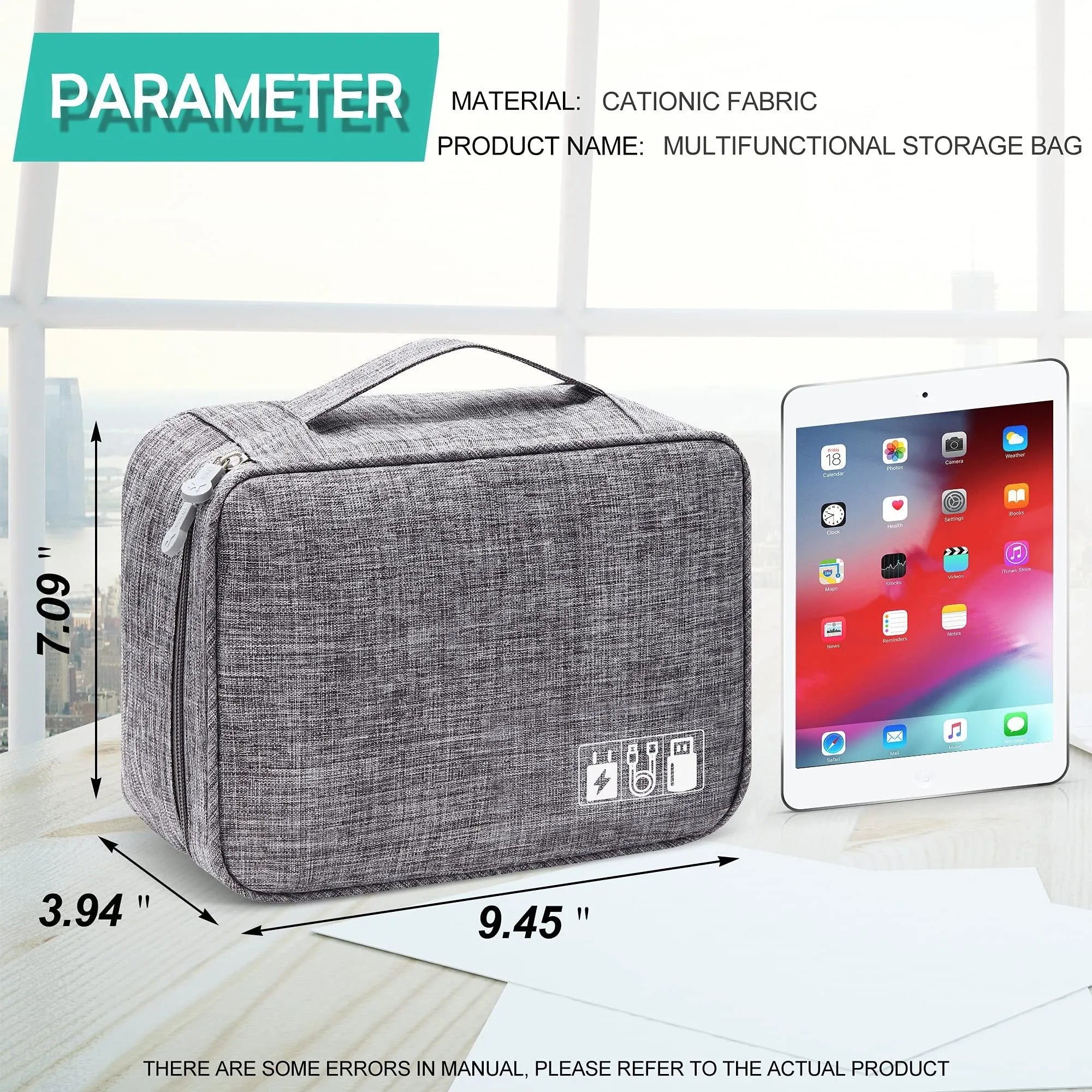 Black electronics organiser bag with mesh pockets and removable dividers for cable storage